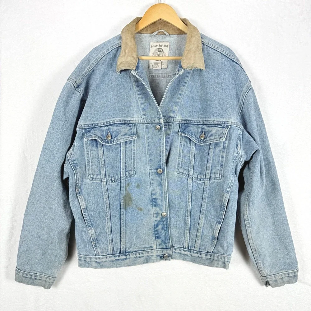 Vintage 80s Banana Republic‎ Adventure Outfitters Denim Jacket Leather Collar XL